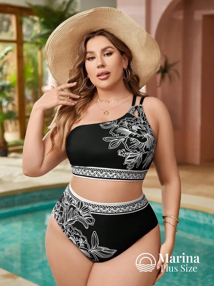 Biquíni Um Ombro Só Floral Cintura Alta Plus Size Biquíni Um Ombro Só Floral Cintura Alta Plus Size
