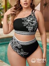 Biquíni Um Ombro Só Floral Cintura Alta Plus Size Preto e Branco / G Biquíni Um Ombro Só Floral Cintura Alta Plus Size