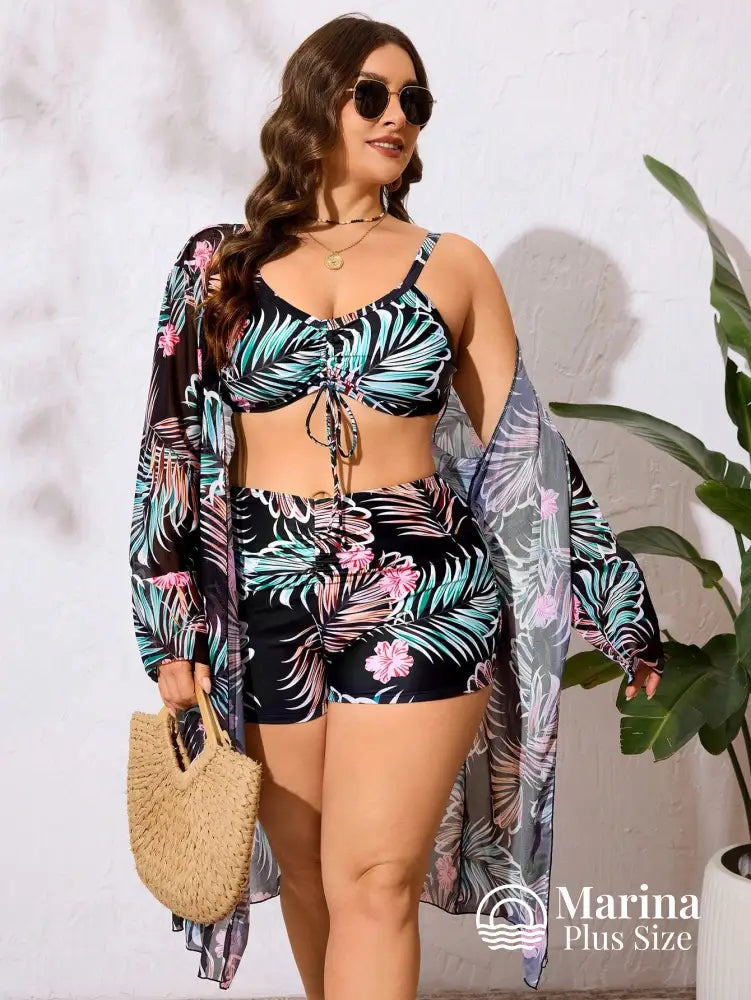 Conjunto 3 Peças Biquíni E Saída Tropical Folhagem Plus Size Conjunto 3 Peças Biquíni E Saída Tropical Folhagem Plus