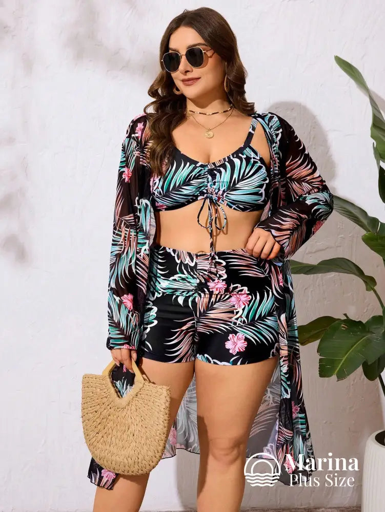 Conjunto 3 Peças Biquíni E Saída Tropical Folhagem Plus Size Conjunto 3 Peças Biquíni E Saída Tropical Folhagem Plus