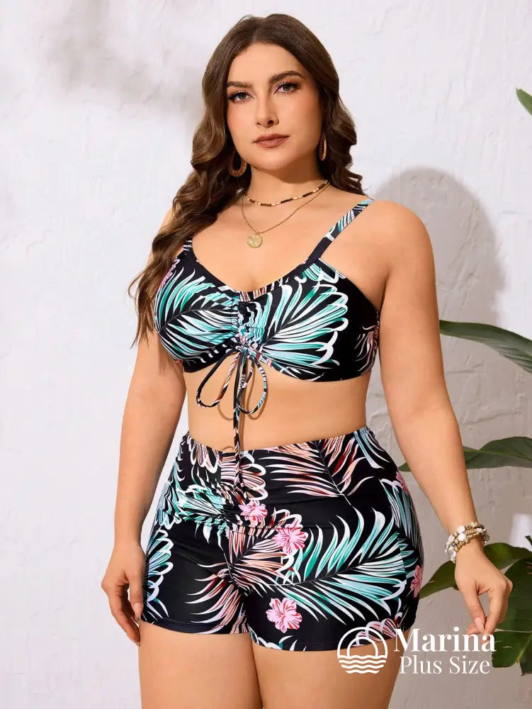 Conjunto 3 Peças Biquíni E Saída Tropical Folhagem Plus Size Conjunto 3 Peças Biquíni E Saída Tropical Folhagem Plus