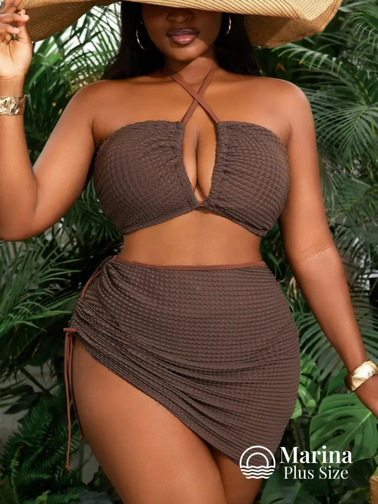 Conjunto Biquíni 3 Peças Canelado Saia Assimétrica Plus Size Conjunto Biquíni 3 Peças Canelado Saia Assimétrica Plus