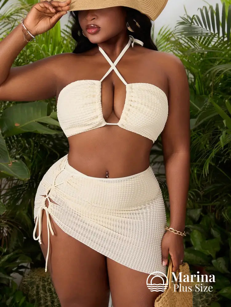 Conjunto Biquíni 3 Peças Canelado Saia Assimétrica Plus Size Conjunto Biquíni 3 Peças Canelado Saia Assimétrica Plus