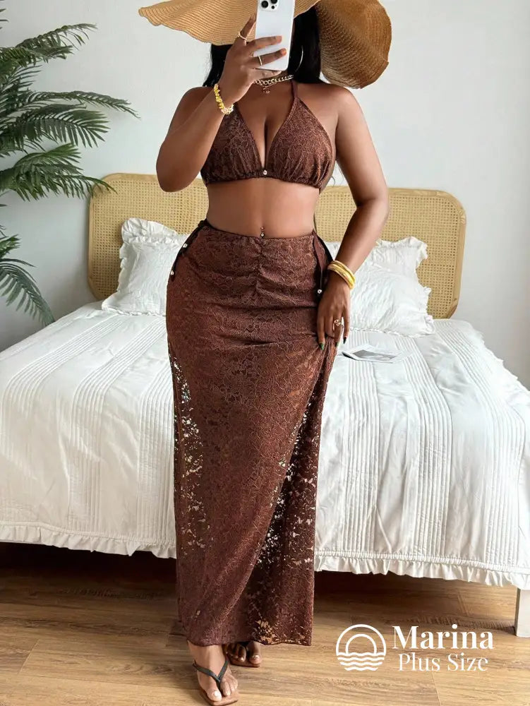Conjunto Biquíni 3 Peças Rendado Saia Longa Ajustável Plus Size Marrom / G Conjunto Biquíni 3 Peças Rendado Saia Longa