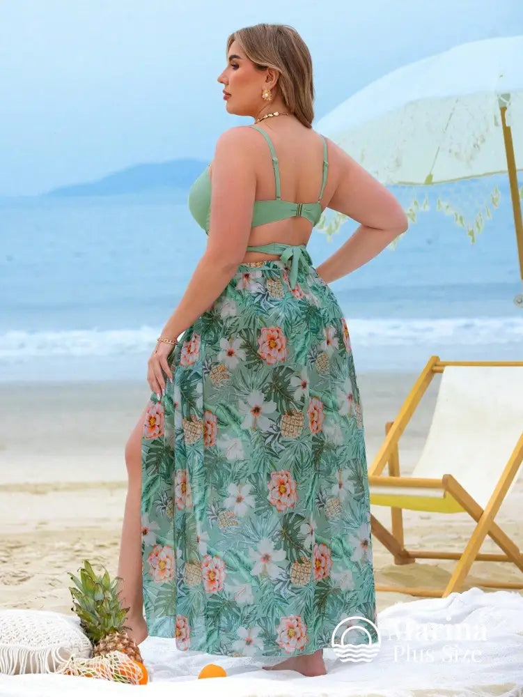 Conjunto Biquíni 3 Peças Saia Estilo Floral Plus Size Conjunto Biquíni 3 Peças Saia Estilo Floral Plus Size