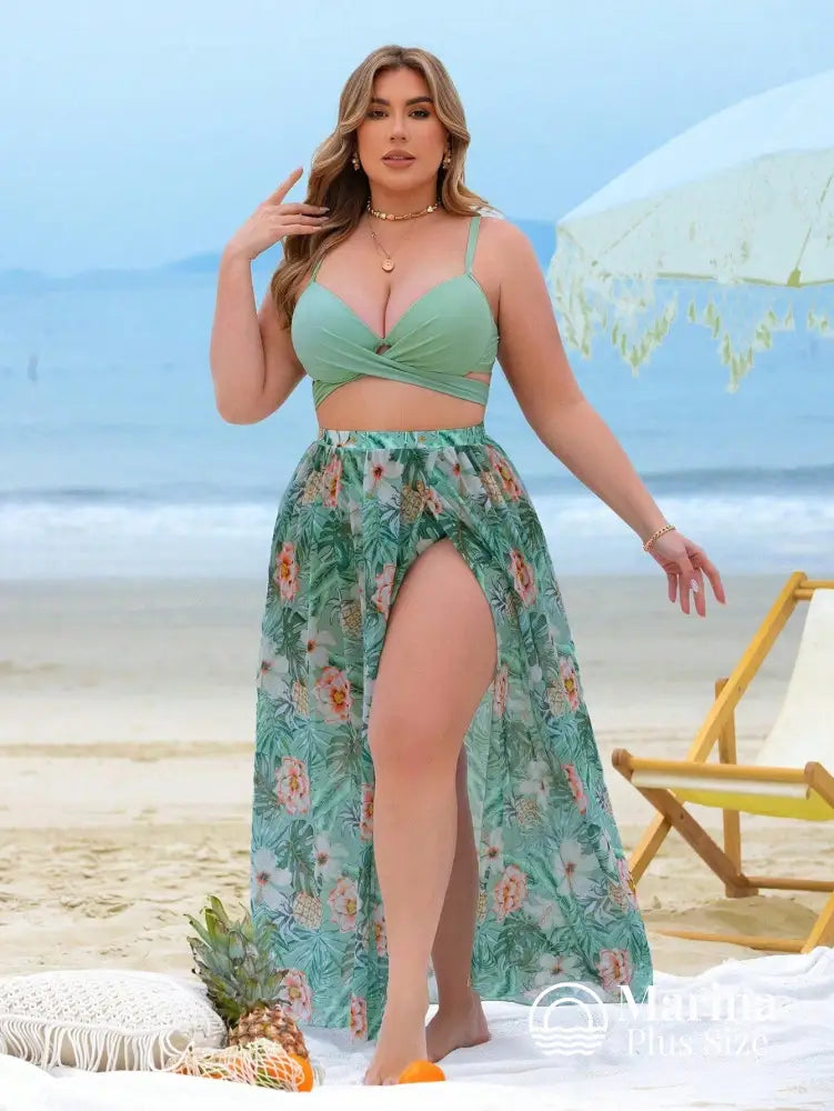 Conjunto Biquíni 3 Peças Saia Estilo Floral Plus Size Verde Menta / G Conjunto Biquíni 3 Peças Saia Estilo Floral Plus