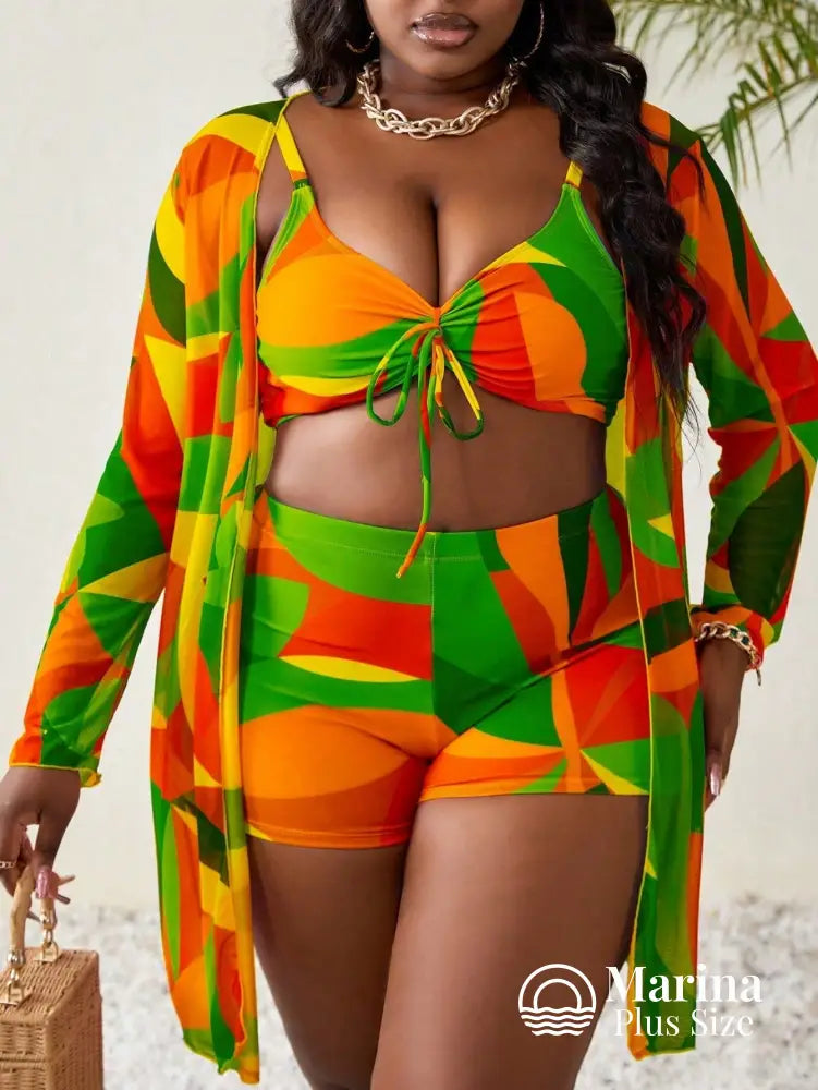 Conjunto Biquíni 3 Peças Saída Estampa Geométrica Plus Size Conjunto Biquíni 3 Peças Saída Estampa Geométrica Plus Size