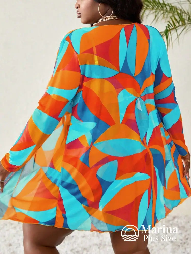 Conjunto Biquíni 3 Peças Saída Estampa Geométrica Plus Size Conjunto Biquíni 3 Peças Saída Estampa Geométrica Plus Size