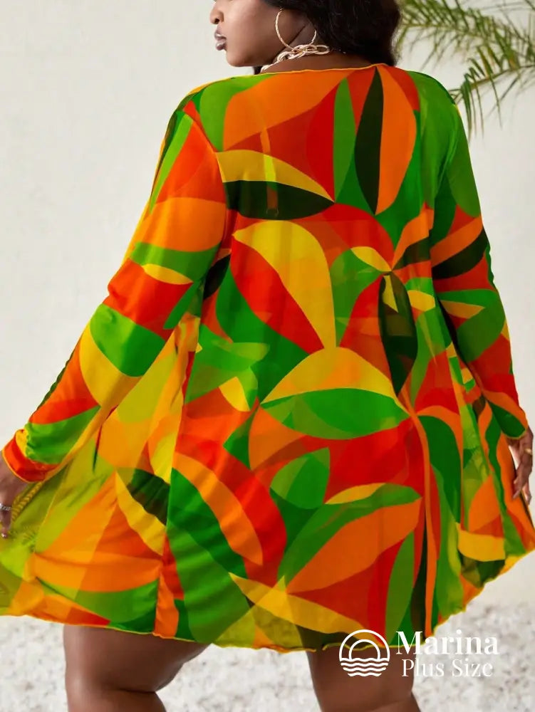 Conjunto Biquíni 3 Peças Saída Estampa Geométrica Plus Size Conjunto Biquíni 3 Peças Saída Estampa Geométrica Plus Size