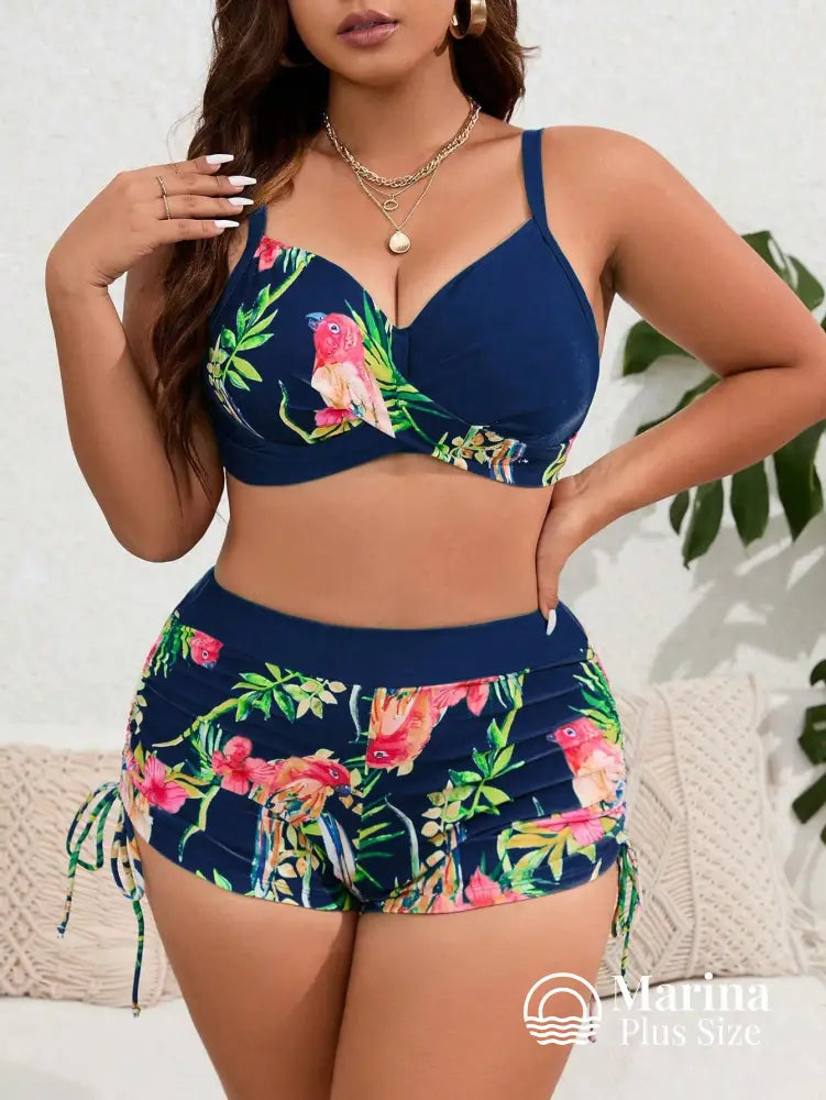 Conjunto Biquíni Estampa Tropical Top Estruturado Plus Size Azul-marinho / G Conjunto Biquíni Estampa Tropical Top