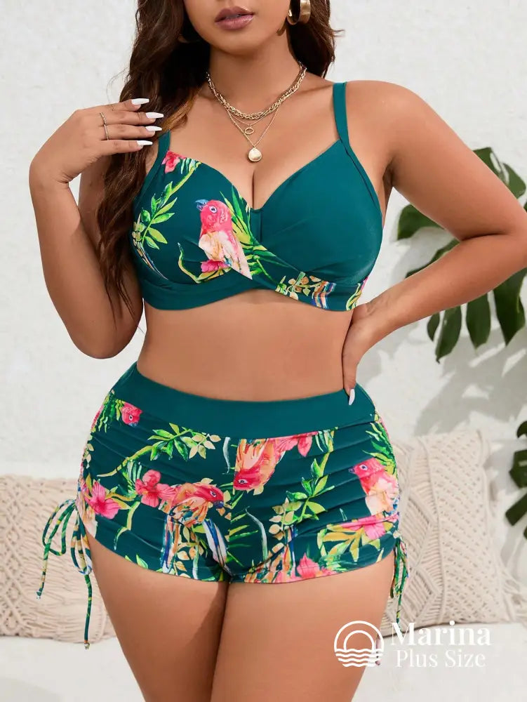 Conjunto Biquíni Estampa Tropical Top Estruturado Plus Size Verde Escuro / G Conjunto Biquíni Estampa Tropical Top