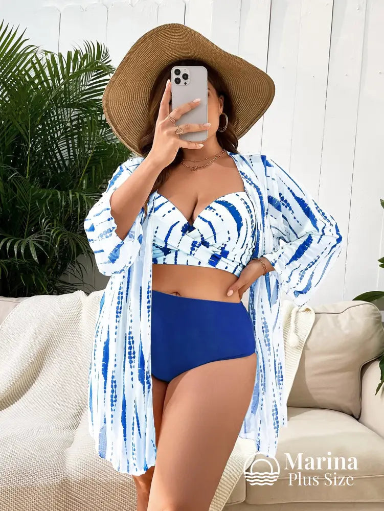 Conjunto Biquíni Saída Estampa Abstrata Top Transpassado Plus Size Azul / G Conjunto Biquíni Saída Estampa Tropical Top