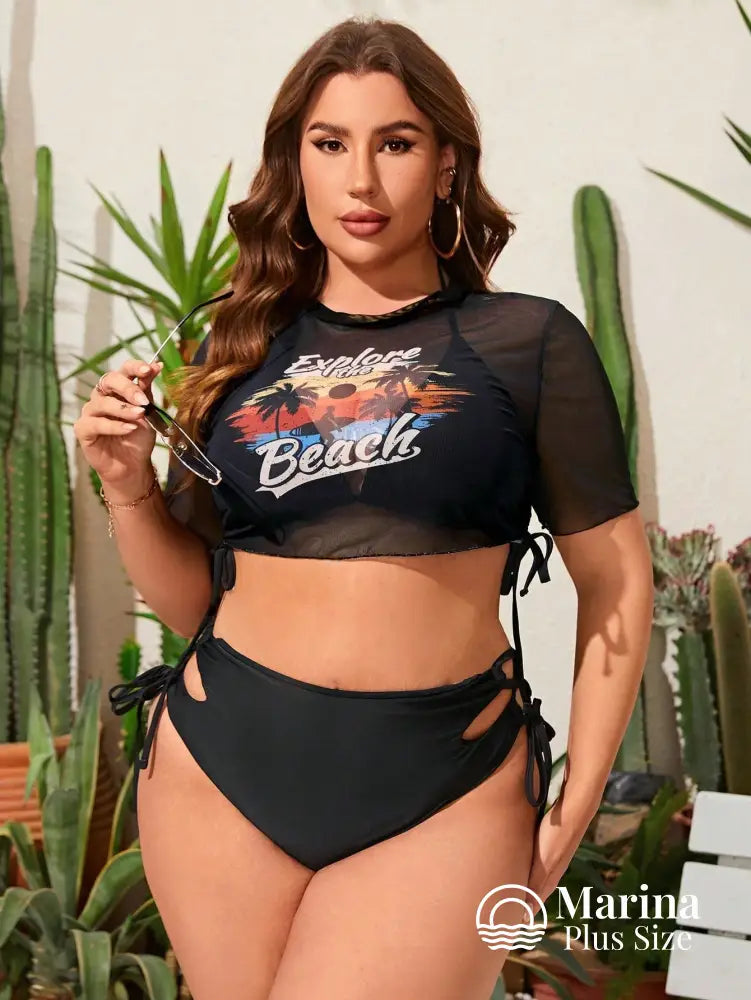 Conjunto Praia Blusa Estampada E Calcinha Lateral Plus Size Conjunto Praia Estampa Tropical Com Calça Leve Plus Size