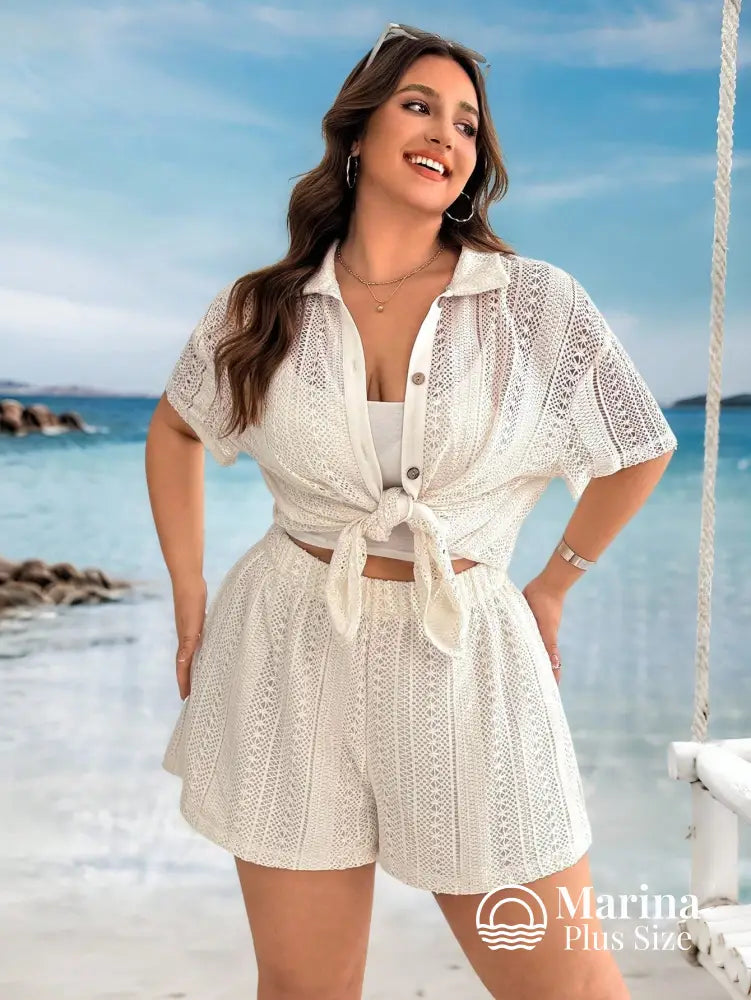 Conjunto Praia Camisa E Short Em Malha Jacquard Plus Size Conjunto Praia Camisa E Short Em Malha Jacquard Plus Size