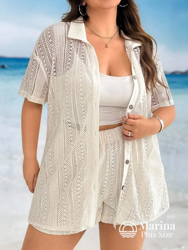 Conjunto Praia Camisa E Short Em Malha Jacquard Plus Size Conjunto Praia Camisa E Short Em Malha Jacquard Plus Size