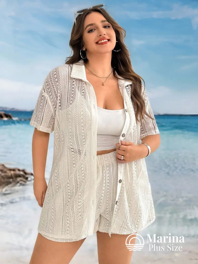 Conjunto Praia Camisa E Short Em Malha Jacquard Plus Size Conjunto Praia Camisa E Short Em Malha Jacquard Plus Size