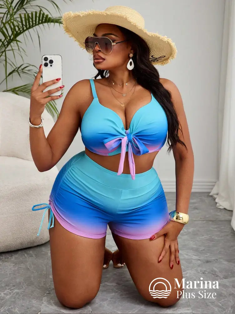 Conjunto Praia Top Com Laço E Short Franzido Plus Size Conjunto Praia Top Com Laço E Short Franzido Plus Size