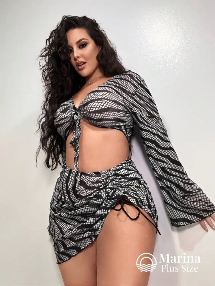 Conjunto Praia Top De Amarrar E Saia Franzida Plus Size Grisalho / G Conjunto Praia Top De Amarrar E Saia Franzida Plus