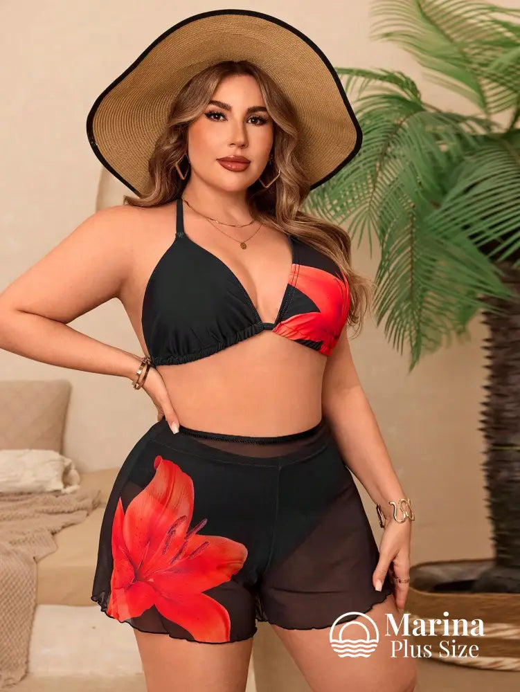 Conjunto Praia Top Triângulo Estampa Floral Short Leve Plus Size Conjunto Praia Top Triângulo Estampa Floral Short Leve