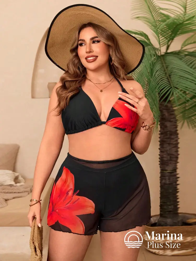 Conjunto Praia Top Triângulo Estampa Floral Short Leve Plus Size Preto / G Conjunto Praia Top Triângulo Estampa Floral