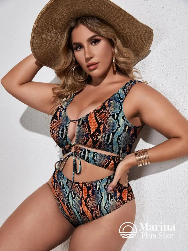 Maiô Animal Print Recorte Frontal Amarração Plus Size Maiô Animal Print Recorte Frontal Amarração Plus Size