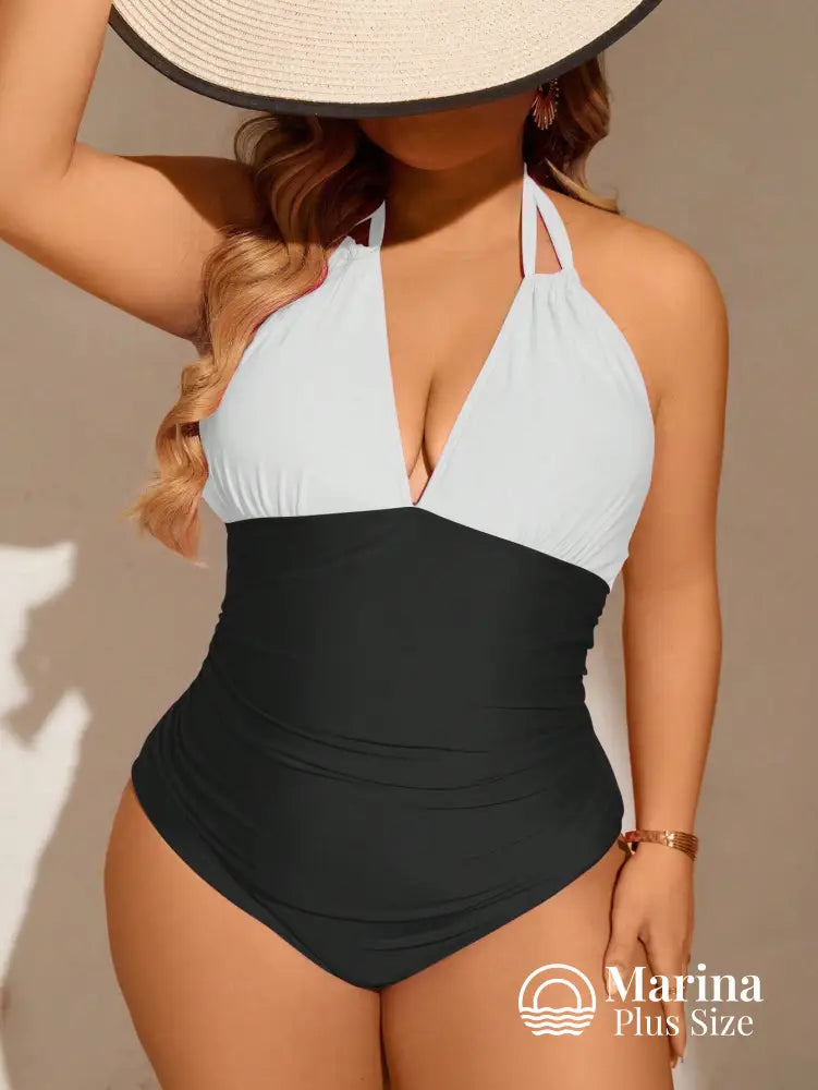 Maiô Bicolor Decote Profundo Efeito Modelador Plus Size Maiô Bicolor Decote Profundo Efeito Modelador Plus Size