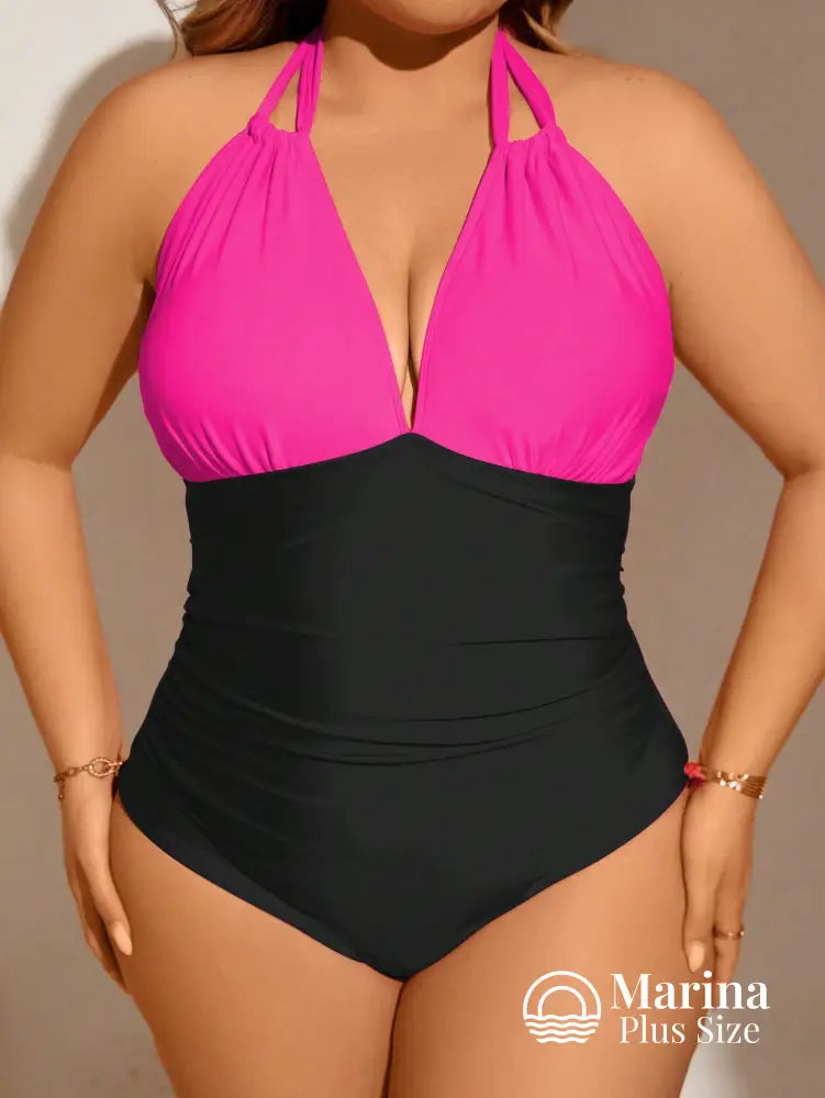 Maiô Bicolor Decote Profundo Efeito Modelador Plus Size Maiô Bicolor Decote Profundo Efeito Modelador Plus Size