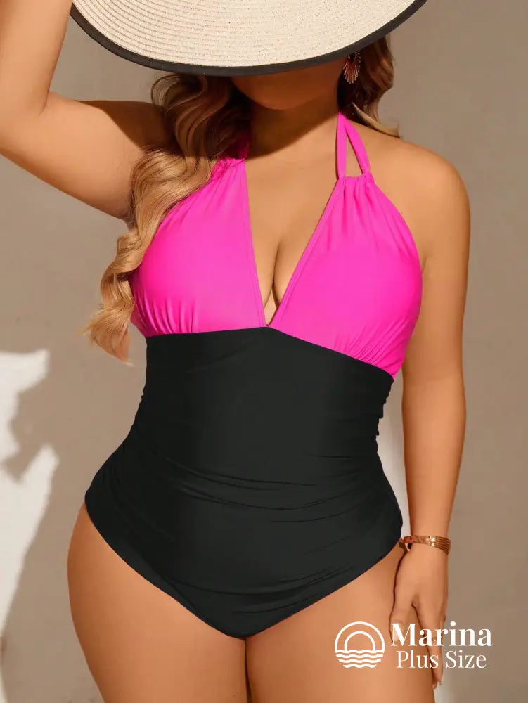 Maiô Bicolor Decote Profundo Efeito Modelador Plus Size Maiô Bicolor Decote Profundo Efeito Modelador Plus Size