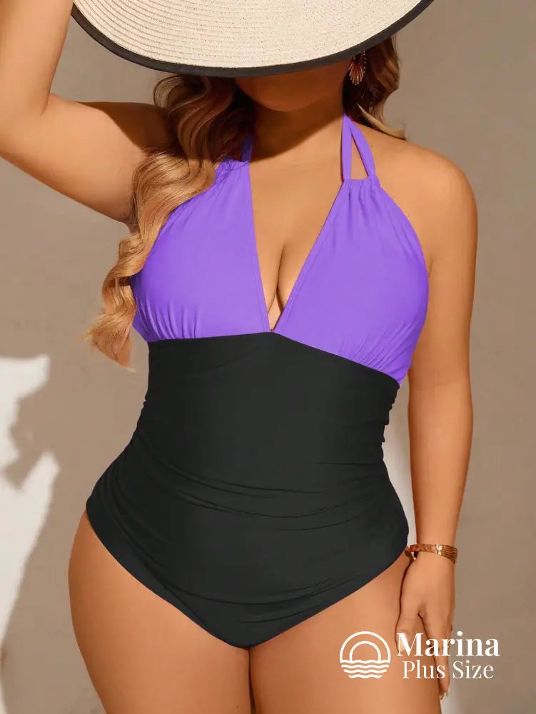 Maiô Bicolor Decote Profundo Efeito Modelador Plus Size Maiô Bicolor Decote Profundo Efeito Modelador Plus Size
