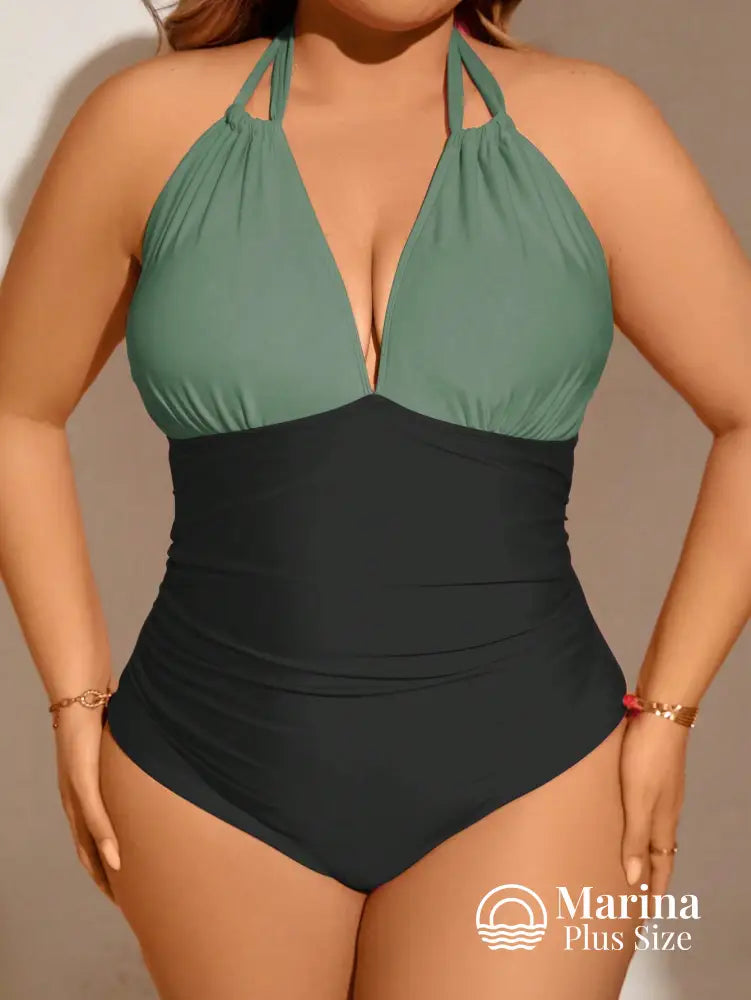 Maiô Bicolor Decote Profundo Efeito Modelador Plus Size Maiô Bicolor Decote Profundo Efeito Modelador Plus Size