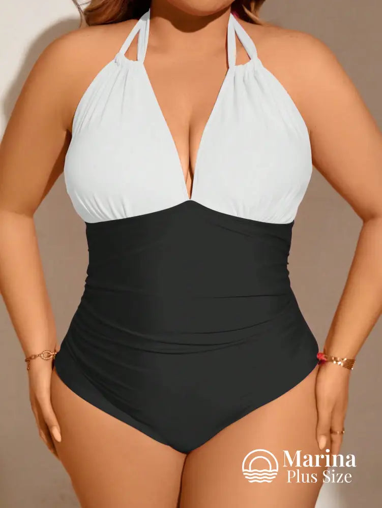 Maiô Bicolor Decote Profundo Efeito Modelador Plus Size Maiô Bicolor Decote Profundo Efeito Modelador Plus Size