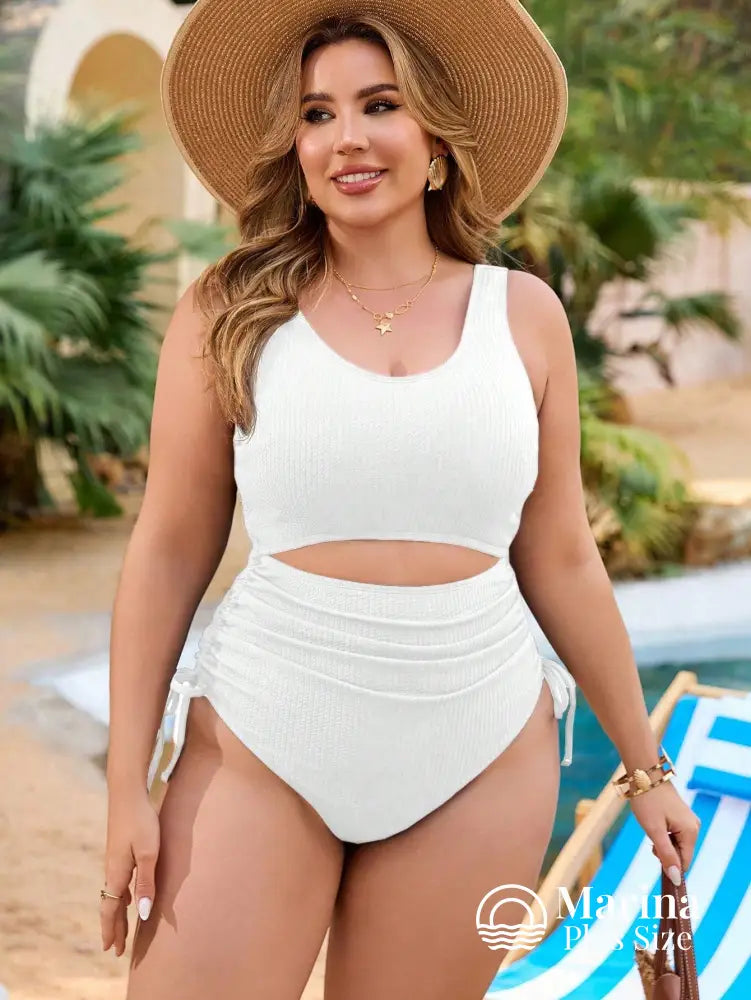 Maiô Canelado Recorte Cintura Laterais Ajustáveis Plus Size Maiô Canelado Recorte Cintura Laterais Ajustáveis Plus Size