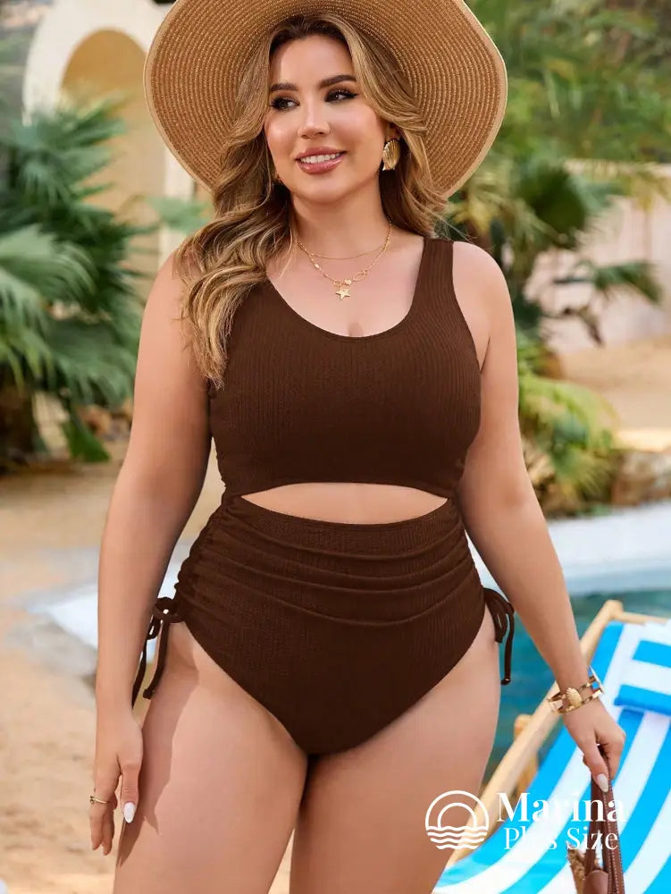 Maiô Canelado Recorte Cintura Laterais Ajustáveis Plus Size Maiô Canelado Recorte Cintura Laterais Ajustáveis Plus Size