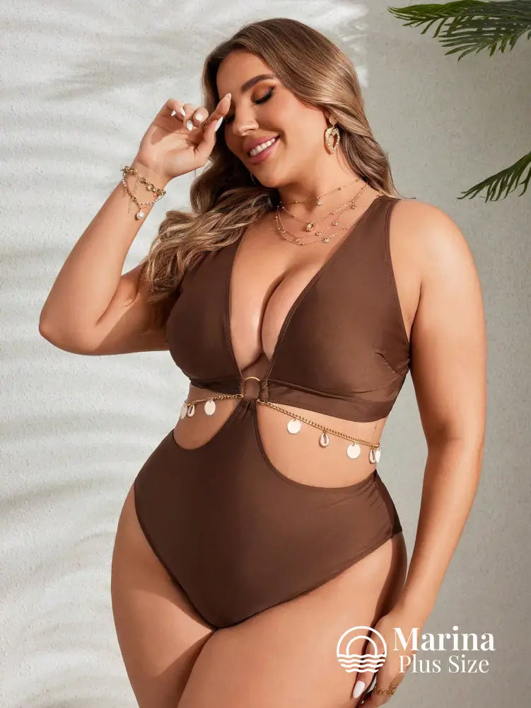 Maiô Decote Profundo Recortes E Amarração Plus Size Maiô Decote Profundo Recortes E Amarração Plus Size