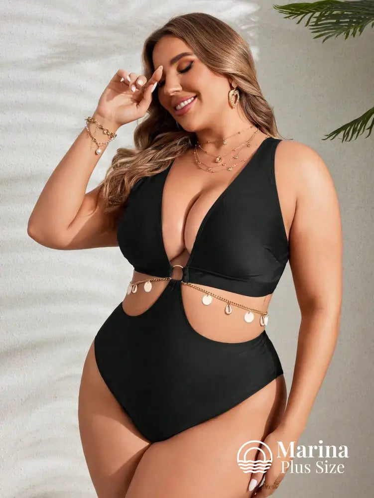 Maiô Decote Profundo Recortes E Amarração Plus Size Maiô Decote Profundo Recortes E Amarração Plus Size