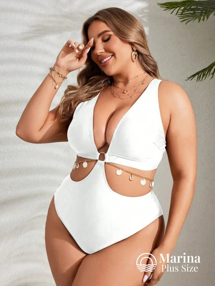 Maiô Decote Profundo Recortes E Amarração Plus Size Maiô Decote Profundo Recortes E Amarração Plus Size