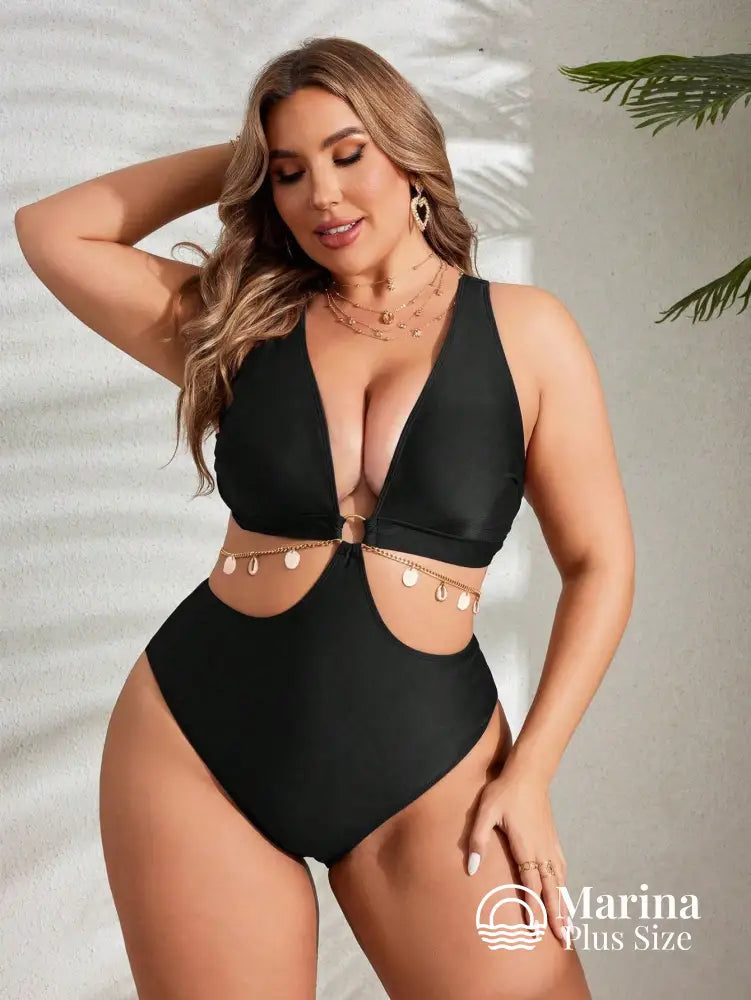 Maiô Decote Profundo Recortes E Amarração Plus Size Maiô Decote Profundo Recortes E Amarração Plus Size