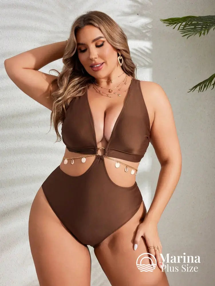 Maiô Decote Profundo Recortes E Amarração Plus Size Maiô Decote Profundo Recortes E Amarração Plus Size