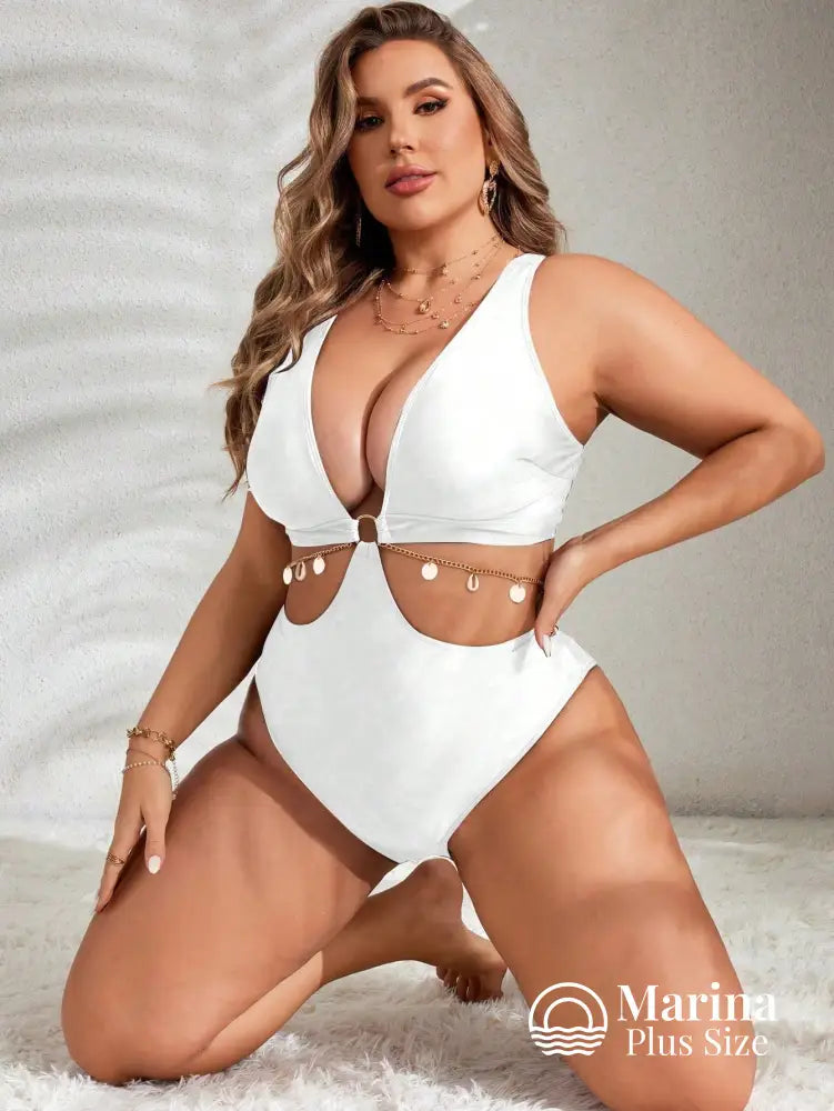 Maiô Decote Profundo Recortes E Amarração Plus Size Branco / G Maiô Decote Profundo Recortes E Amarração Plus Size
