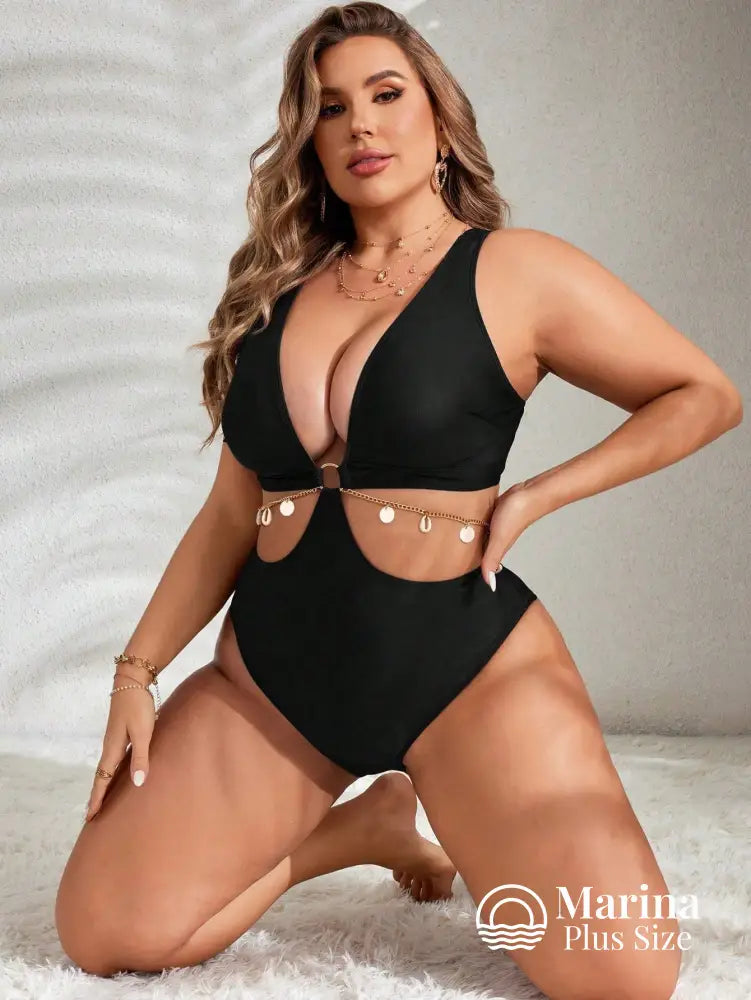 Maiô Decote Profundo Recortes E Amarração Plus Size Preto / G Maiô Decote Profundo Recortes E Amarração Plus Size