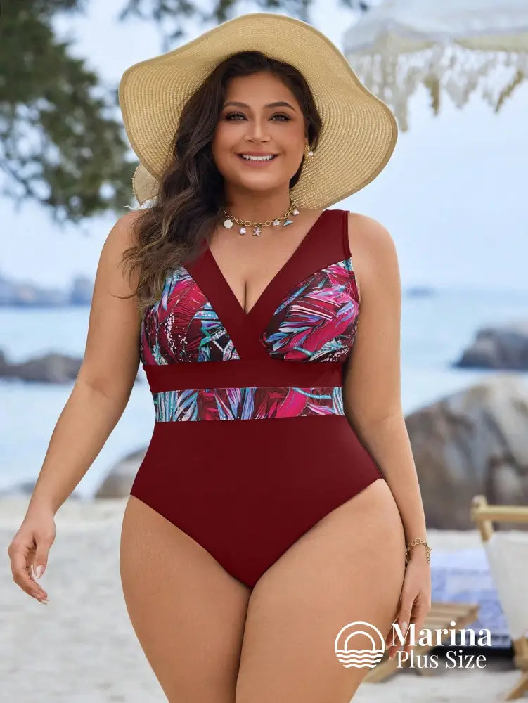 Maiô Decote V Faixa Tropical Na Cintura Plus Size Maiô Decote V Faixa Tropical Na Cintura Plus Size