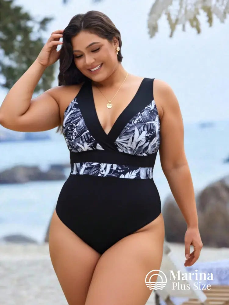 Maiô Decote V Faixa Tropical Na Cintura Plus Size Maiô Decote V Faixa Tropical Na Cintura Plus Size