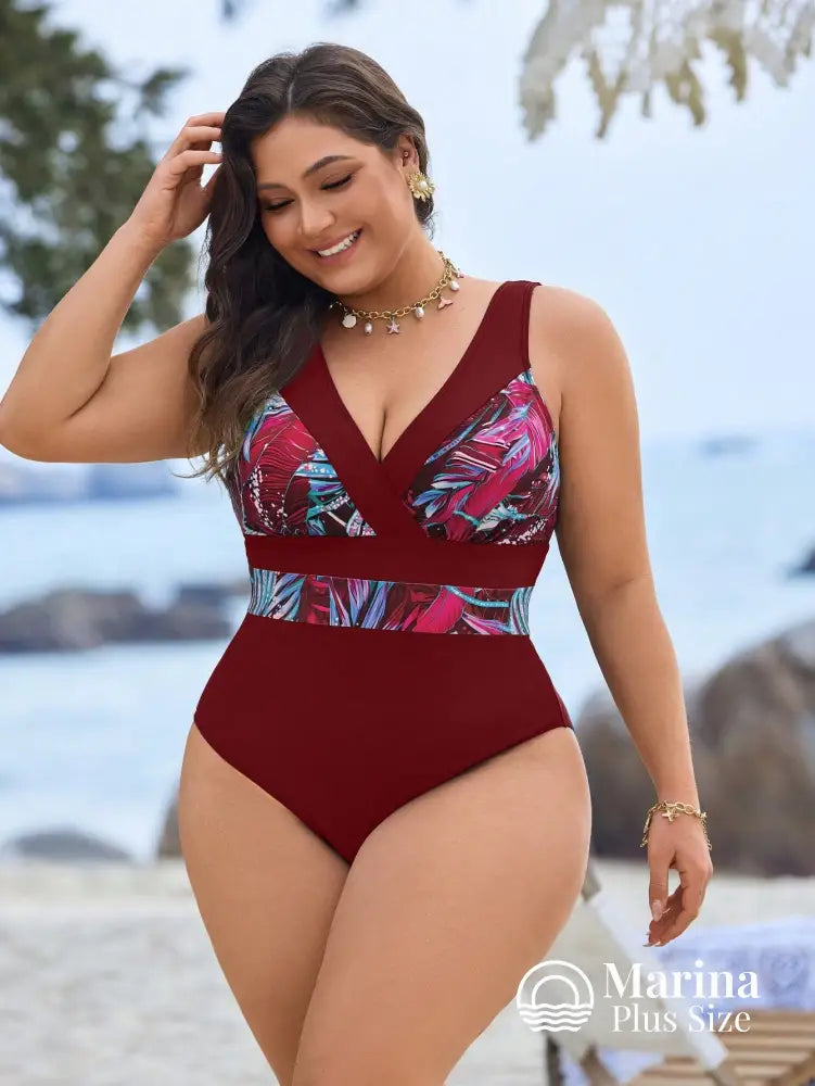 Maiô Decote V Faixa Tropical Na Cintura Plus Size Maiô Decote V Faixa Tropical Na Cintura Plus Size