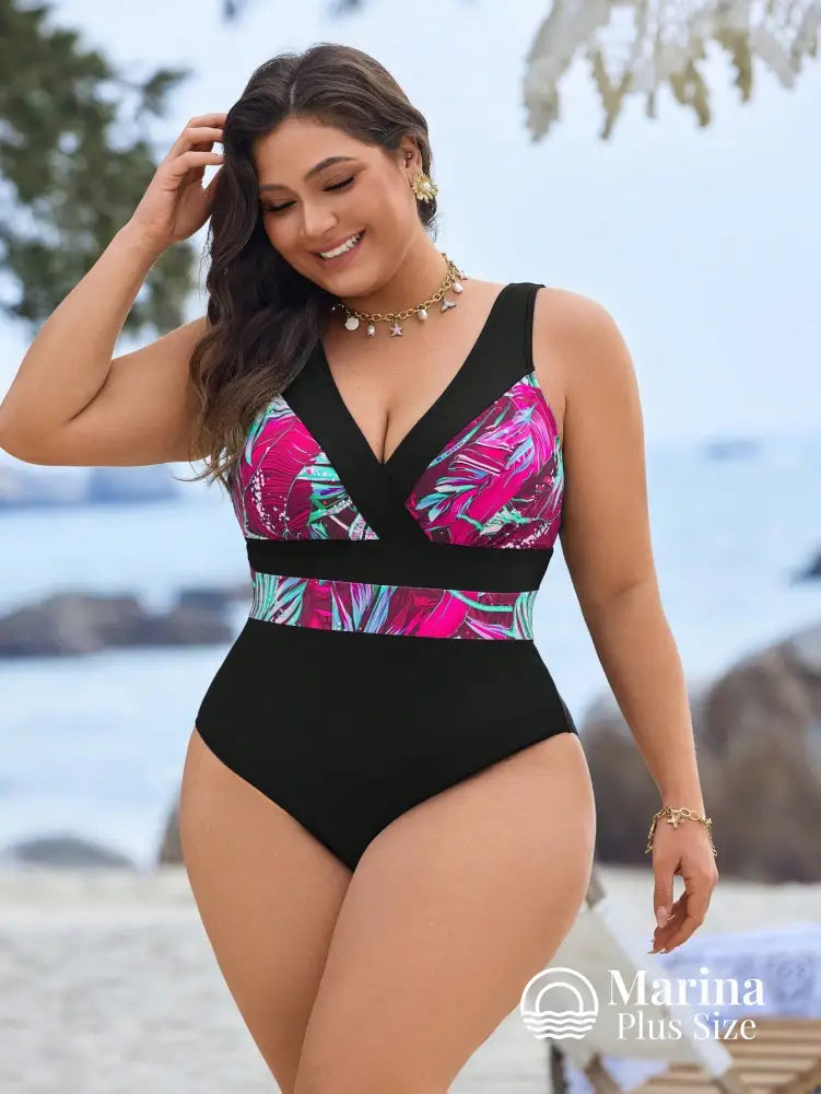 Maiô Decote V Faixa Tropical Na Cintura Plus Size Maiô Decote V Faixa Tropical Na Cintura Plus Size
