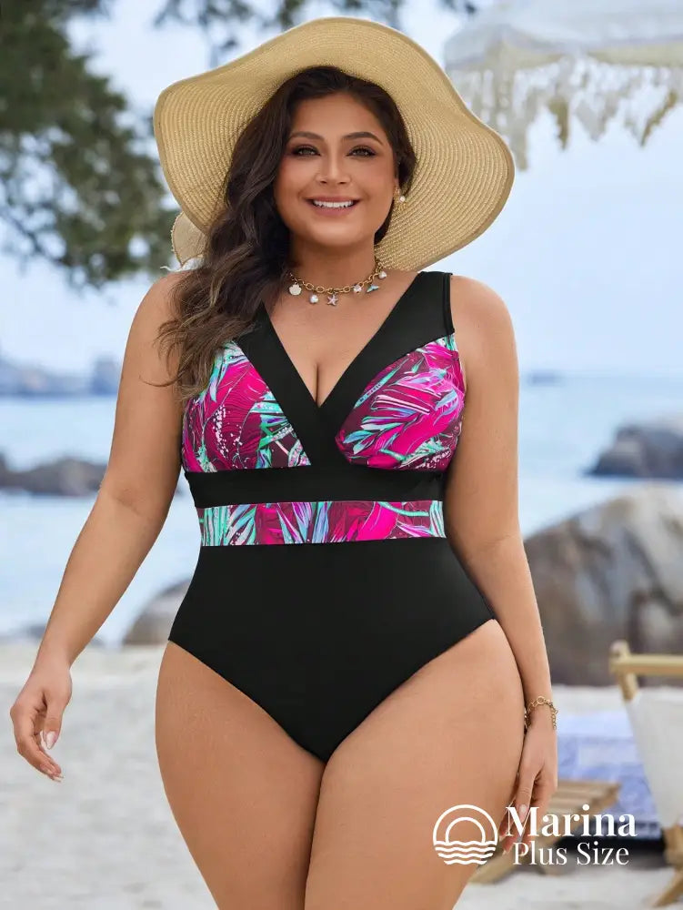 Maiô Decote V Faixa Tropical Na Cintura Plus Size Maiô Decote V Faixa Tropical Na Cintura Plus Size