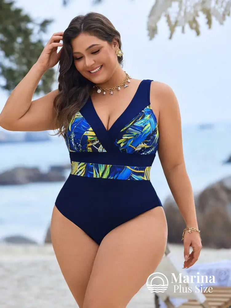 Maiô Decote V Faixa Tropical Na Cintura Plus Size Maiô Decote V Faixa Tropical Na Cintura Plus Size