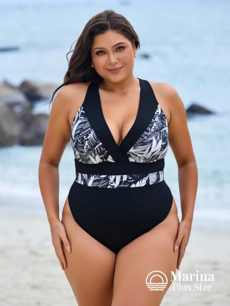 Maiô Decote V Faixa Tropical Na Cintura Plus Size Preto / G Maiô Decote V Faixa Tropical Na Cintura Plus Size