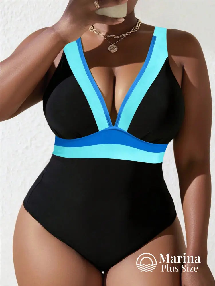 Maiô Decote V Faixas Contrastantes Plus Size Azul Bebê / G Maiô Decote V Faixas Contrastantes Plus Size