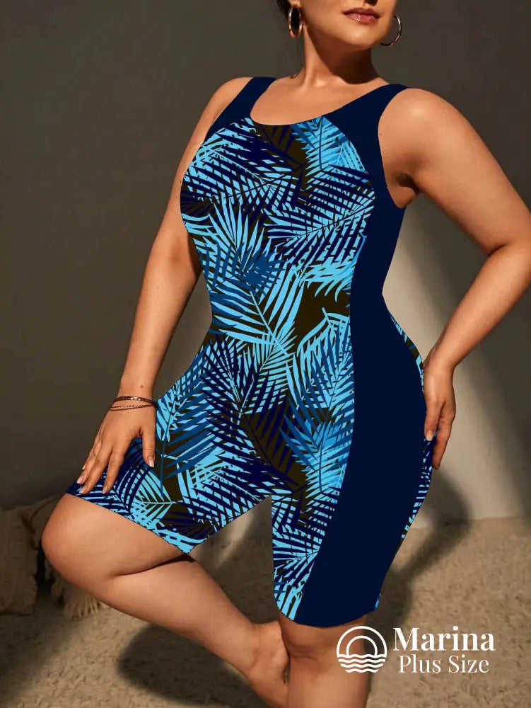 Maiô Esportivo Estampado Shorts Embutido Painéis Laterais Plus Size Maiô Esportivo Estampado Shorts Embutido Painéis