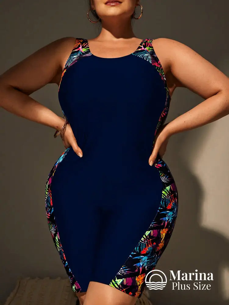 Maiô Esportivo Estampado Shorts Embutido Painéis Laterais Plus Size Maiô Esportivo Estampado Shorts Embutido Painéis